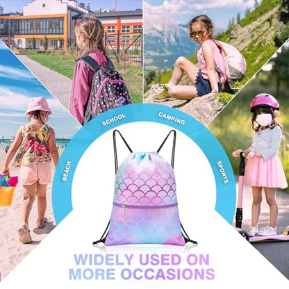 WAWASAM Kids Drawstring Backpack, Gym Swim Bag Cinch Bag for Girls Boys with Zipper Pocket - color: Mermaid B
