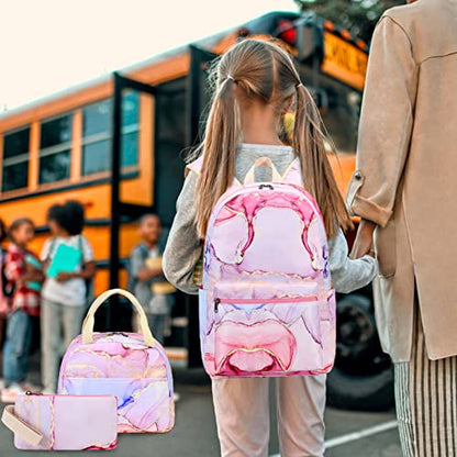 LOIDOU Backpack for Teen Girls Bookbags School Backpack with Lunch Box and Pencil Case 3 in 1 School Bags Set - color: Pink