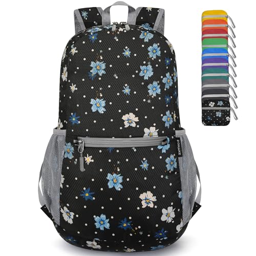 ZOMAKE Ultra Lightweight Hiking Backpack 20L, Packable Small Backpacks Water Resistant Daypack for Women Men(Black,White Polka Dot Floral) - color: Black,white Polka Dot Floral