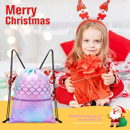 WAWASAM Kids Drawstring Backpack, Gym Swim Bag Cinch Bag for Girls Boys with Zipper Pocket - color: Mermaid B