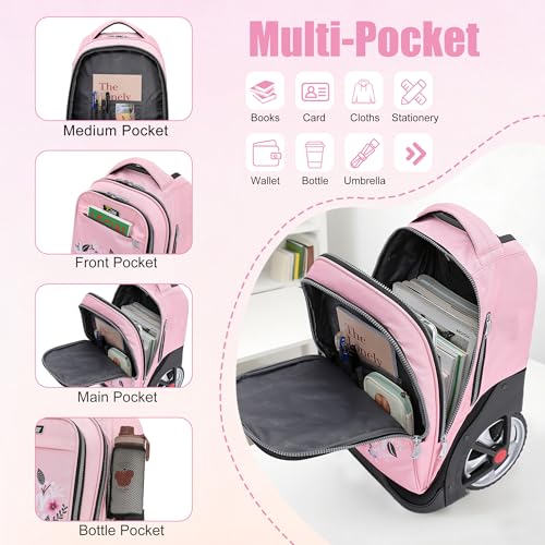 NEW TILAMI Rolling Backpack 19 inch with Lunch Bag Teens Cute Wheeled Computer Laptop Backpack Bookbag Roller Travel Bag College, Flower Pink - color: Flower Pink
