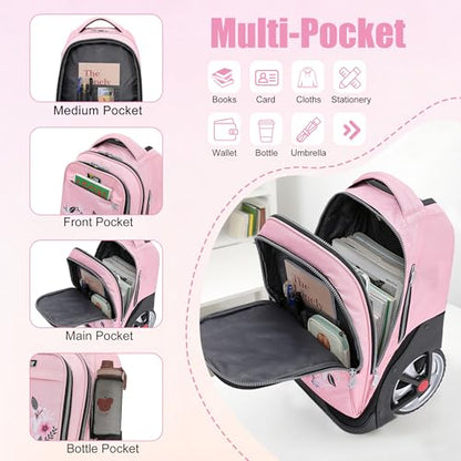 NEW TILAMI Rolling Backpack 19 inch with Lunch Bag Teens Cute Wheeled Computer Laptop Backpack Bookbag Roller Travel Bag College, Flower Pink - color: Flower Pink
