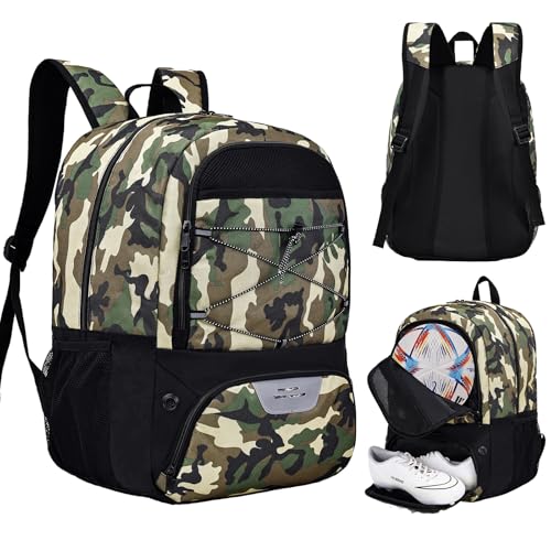Hsmihair Youth Soccer Bag-Soccer Backpack&Backpack for Football Basketball,with Ball Compartment Separate Cleat Package - color: CamoBlack