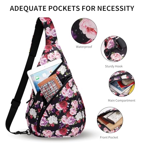 HUA ANGEL Crossbody Sling Bag for Men & Women Lightweight Waterproof Chest Shoulder Bag for Travel Hiking & Everyday Use - color: W-red Purple Flower