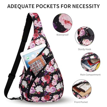 HUA ANGEL Crossbody Sling Bag for Men & Women Lightweight Waterproof Chest Shoulder Bag for Travel Hiking & Everyday Use - color: W-red Purple Flower