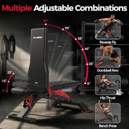 FLYBIRD WB7 Weight Bench, Commercial Grade Adjustable Weight Bench - 1300LBS Workout Bench for Home Gym, Flat Incline Bench Press Heavy Duty Bench with 34'' Extra-Long Backrest and Easy-Roll Wheels