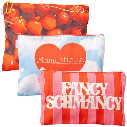 ban.do Travel Bags Carryall Trio, Cotton Bag Set, Zipper Pouch Set, 3 Zip Pouches for Pencils, Toiletries, or Accessories (Fancy Shmancy)