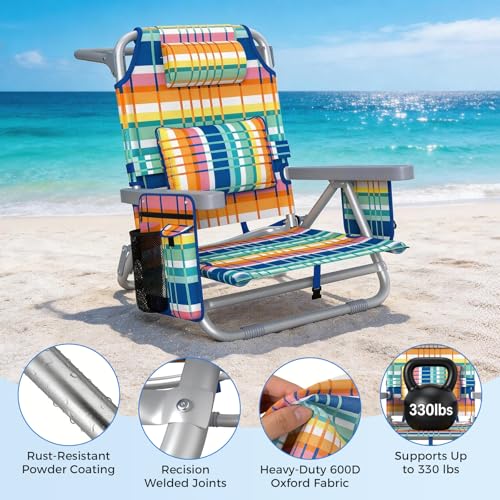 5-Position Backpack Beach Chairs for Adults, Foldable Heavy-Duty Beach Chair with Lumbar,Cooler Bag,Cup Holder,Towel Rack for Beach, Camping, Outdoor(2Pack)