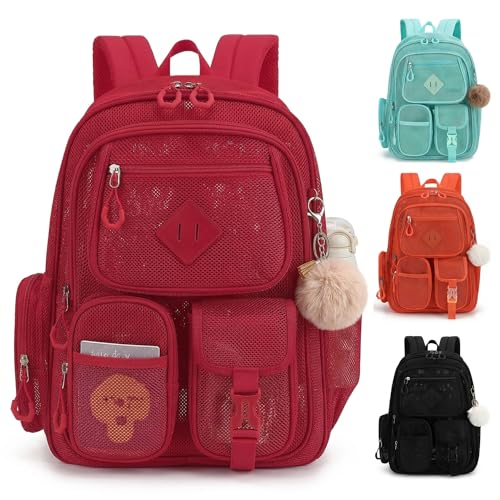 Mesh Backpack Heavy Duty, Semi-Transparent Bag for Women Girls Boys Adults, Large Capacity Bookbag with Padded Straps for School Beach Swimming Sports Travel Work-Red - color: Red