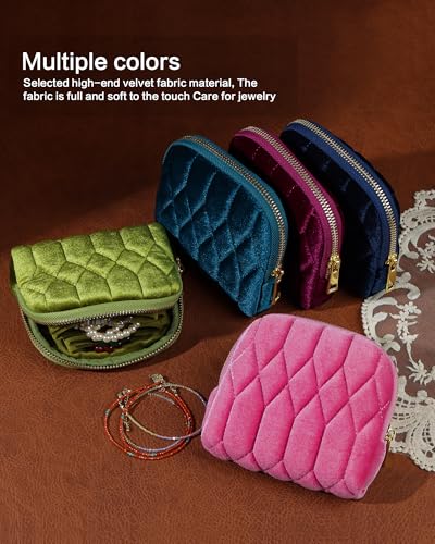 Travel Jewelry Case, Mini Travel Jewelry Bag with Zipper, 5-Layer Velvet Organizer Pouch for Bracelet Rings Earrings - Diamond Stitched Velvet Caramel - color: Caramel