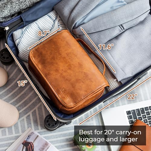 Elviros Hanging Toiletry Bag for Men Travel Essentials 3-in-1 Large Waterproof Dopp Kit PU Leather Shaving Bag with Separate Compartments for Grooming and Toiletries Mens Gift - color: Brown