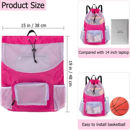 Swim Bag for Kids Mesh Beach Backpack for Girls Lightweight Drawstring Beach Bag Swimming Pool Sports Gym String Bag (Purple) - color: Purple