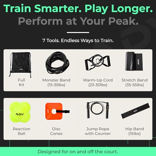 ADV Training Kit V2: Tennis Trainer Equipment for Tennis Training, Practice & Drills – Includes Counting Jump Rope, Resistance Bands, Stretch Bands for Exercise, Tennis Trainer Rebound Ball & Cones