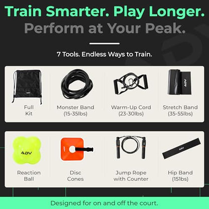 ADV Training Kit V2: Tennis Trainer Equipment for Tennis Training, Practice & Drills – Includes Counting Jump Rope, Resistance Bands, Stretch Bands for Exercise, Tennis Trainer Rebound Ball & Cones