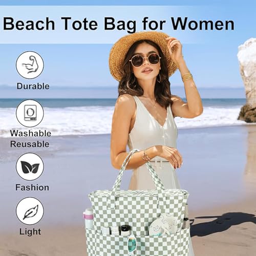 LEDAOU Beach Bag Waterproof Sandproof Women Beach Tote Pool Bag with Zipper for Swim Gym Grocery Travel with Wet Pocket | Sandproof - color: Grid-grass Green2