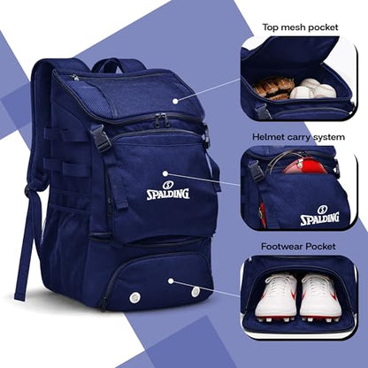 Spalding Baseball Backpack Baseball Bag | Youth & Adult Large Navy Backpack with Compartment for Tball Softball Sports Gear | Fits Bat Glove Shoes Ball Helmet | Waterproof Adult Bat Bag Softball Gift