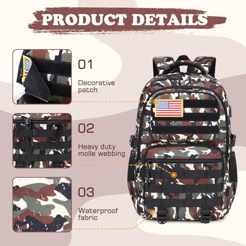 Camo Backpack for Boys, Tactical Boys Backpack with Lunch Box Pencil Case, Kids Backpacks with USB Charging Port, Military Army School Bookbag for Teen Boy Elementary Middle High School Camp - color: Brown-green