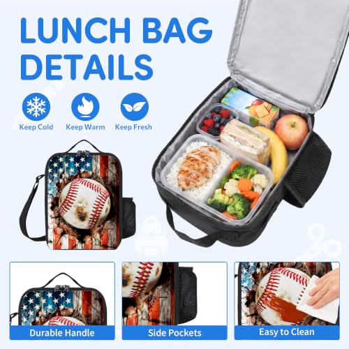 3PCS Baseball Print Backpack for Boys Girls Teens, School Backpack with Lunch Box Pencil Case for Elementary Middle High Students, 17 Inch Lightweight Bookpack 3 in 1 Set Back to Shool Gifts for Kids - color: American Flag Baseball S01