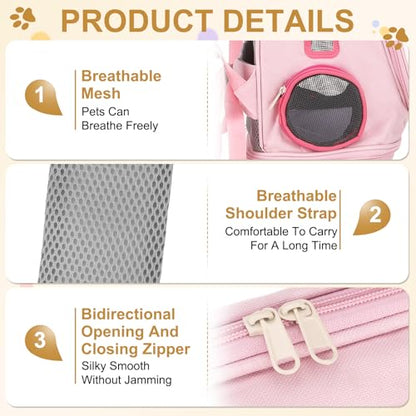 Pet Backpack Carrier, Portable and Ventilated, Oxford Cloth, Dog Cat Travel Bag with Transparent Cover 12.99", (Pink, 1 Pcs), Intended for Hiking/Camping/Traveling - color: Pink