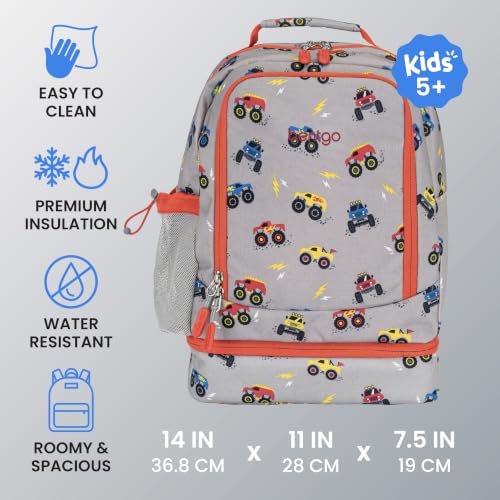 Bentgo Kids 2-in-1 Backpack & Insulated Lunch Bag - Durable 16” Backpack & Lunch Container in Unique Prints for School & Travel - Water Resistant, Padded & Large Compartments (Trucks) - color: Trucks