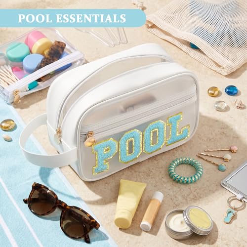 COSHAYSOO Clear POOL Makeup Bag Small Travel Pouch for Women Teenager Girls Pool Accessories Stuff Organizer Preppy Chenille Letter Patch Summer Girly Things - color: White-POOL