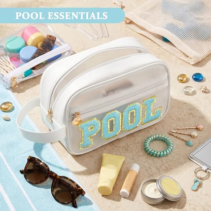 COSHAYSOO Clear POOL Makeup Bag Small Travel Pouch for Women Teenager Girls Pool Accessories Stuff Organizer Preppy Chenille Letter Patch Summer Girly Things - color: White-POOL