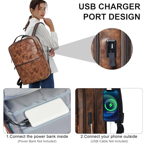 Shrrie Vegan Leather Laptop Backpack for Women&Men,16 Inch Expandable Backpack with USB Charging Port,Two-toned Brown - color: Two-toned Brown