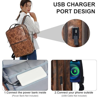 Shrrie Vegan Leather Laptop Backpack for Women&Men,16 Inch Expandable Backpack with USB Charging Port,Two-toned Brown - color: Two-toned Brown