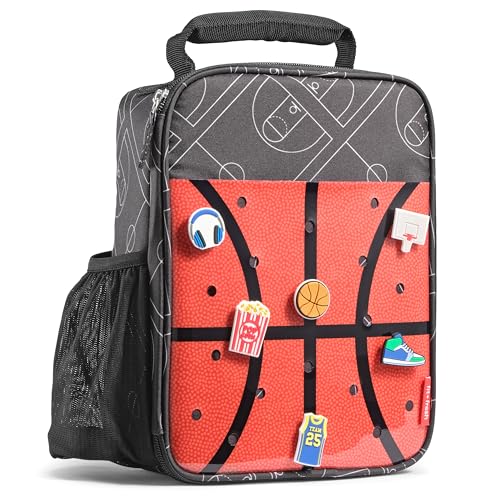 Fit & Fresh Customizable Charm Lunch Bag for Boys & Girls, Basketball Kids Lunch Box with 6 Sports Charms, Premium Insulated Reusable Lunch Tote for School - color: Midnight Hoops