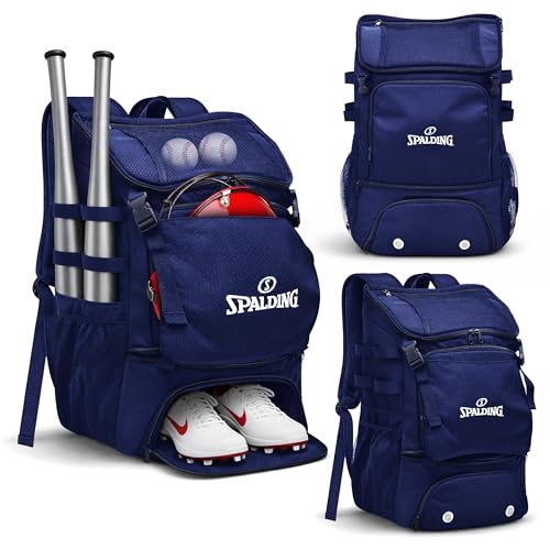 Spalding Baseball Backpack Baseball Bag | Youth & Adult Large Navy Backpack with Compartment for Tball Softball Sports Gear | Fits Bat Glove Shoes Ball Helmet | Waterproof Adult Bat Bag Softball Gift