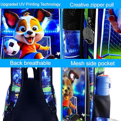 16" Dog Soccer Backpack Set for Boys 4-8, 3Pcs Kindergarten School Bag with Football Lunch Box & Pencil Case, Durable Bookbag (Blue) - color: Soccer Dog Blue
