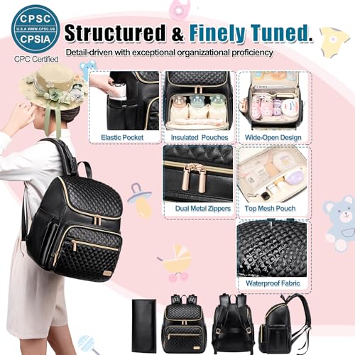 Weitars Diaper Bag Backpack Leather Baby Diaper Bag with Changing Pad Travel Diaper Backpack,Baby Bag for Mom,Stroller Straps,5 Insulated Pockets (Black Leather) - color: Black Leather