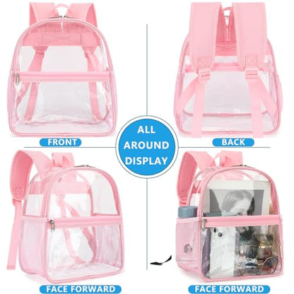 Fammart Clear Backpack Stadium Approved 12x6x12 - Kids & Small Adult Transparent Backpack for School, Work, Sports, Concerts - Clear Bag - color: Pink