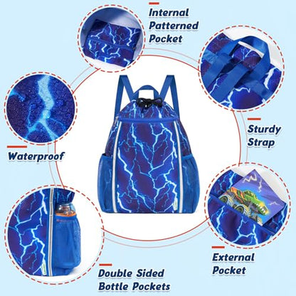 WAWSAM Drawstring Backpack, Lightning Drawstring Gym Bag, Waterproof Swim Bag for Beach String Cinch Backpack with Two Mesh Water Bottle Pocket - color: Lightning
