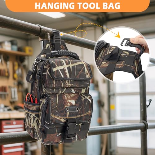 Electrician Tool Pouch Bag, Zippered HVAC Tool Organizer with Ergonomic Handle and Shoulder Strap for Maintenance Repair Technicians, Camouflage (Patent Pending) - color: Camouflage