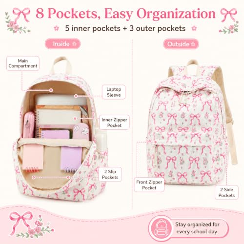 BTOOP School Backpacks for Teen Girls Bookbags Lightweight Kids Backpack School Bags Set with Lunch Box Pencil Case - color: Pink Bow Beige-285