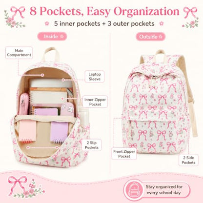 BTOOP School Backpacks for Teen Girls Bookbags Lightweight Kids Backpack School Bags Set with Lunch Box Pencil Case - color: Pink Bow Beige-285