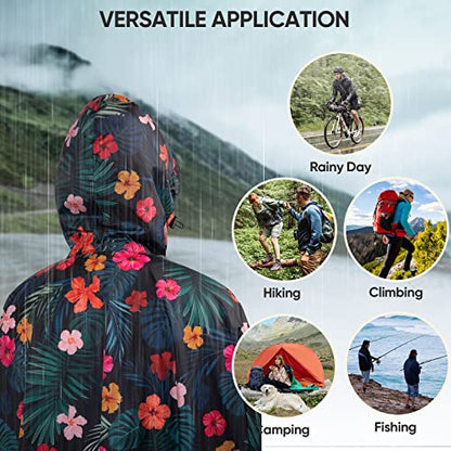 PTEROMY 3-in-1 Hooded Rain Poncho for Adult with Pocket, Waterproof Lightweight Unisex Raincoat for Hiking Camping Emergency - color: Blossom Season 1/4 Zipper