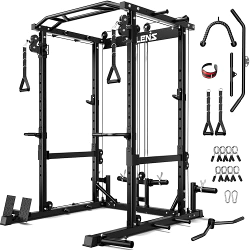JELENS C12 Squat Rack for Home Gym, 2000LBS Power Rack with Adjustable Pulley System, Power Cage Workout Equipment with LAT Pulldown and Training Attachment - color: Black, size: C12 Squat Rack
