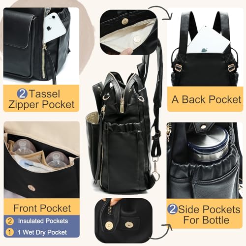 Miss Fong Leather Diaper Backpack - Baby Diaper Bag with 13 Pockets, Changing Pad, Stroller Straps, 4 Insulated Pockets (Black) - color: Black