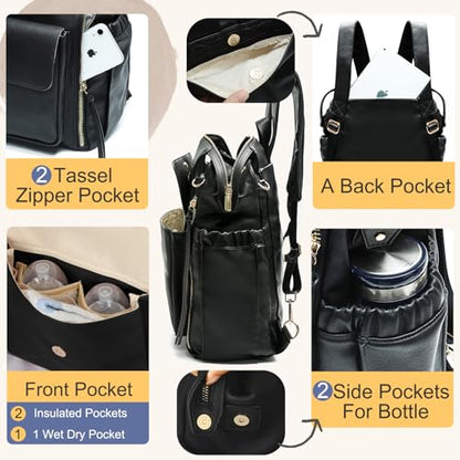 Miss Fong Leather Diaper Backpack - Baby Diaper Bag with 13 Pockets, Changing Pad, Stroller Straps, 4 Insulated Pockets (Black) - color: Black