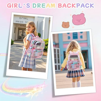 Sisipoet Pink Clear Backpack for Girls Heavy Duty Clear Bookbag, See Through Backpack for School, Stadium Events and Concert, Transparent Backpacks - color: Pink/Tie-dye