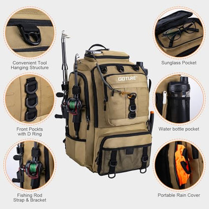 Goture 40L Fishing Tackle Backpack with Cooler Compartment Khaki, Water-Resistant Fishing Gear Bag & Rain Cover & 3600 Trays - color: Khaki, size: C - Includes 2 3600 trays with handles