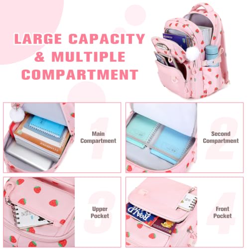 Bevalsa Backpack for Girls, School Bookbag Teen Girls Backpack Set with 14oz Insulated Water Bottle Stainless Steel, Lunch Bag & Pencial Case for Kids Elementary Middle Student (Pink Strawberry) - color: Pink Strawberry