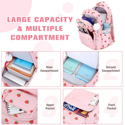 Bevalsa Backpack for Girls, School Bookbag Teen Girls Backpack Set with 14oz Insulated Water Bottle Stainless Steel, Lunch Bag & Pencial Case for Kids Elementary Middle Student (Pink Strawberry) - color: Pink Strawberry