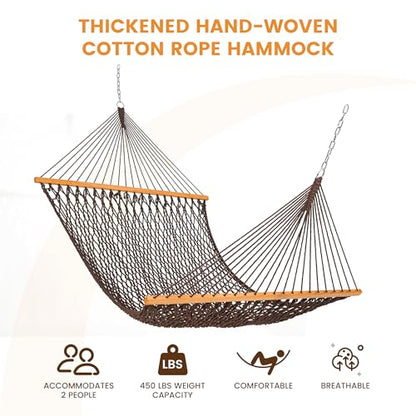 Lazy Daze Hammocks Double Rope Hammock, 2 Person Traditional Outdoor Hand Woven Cotton Rope Hammock with Spreader Bar, Carabiners, Tree Straps, Chains for Patio Yard - Max 450 Lbs, Dark Brown - color: Dark Brown