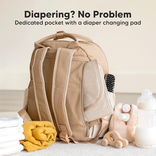 KeaBabies Diaper Bag Backpack - Small Multifunctional Travel Diaper Back Packs, Maternity Baby Changing Bags, 12L Capacity, PU Leather, Waterproof, Unisex, Nappy Changing Pad (Latte, Small) - color: Latte, style: Small / 13" H