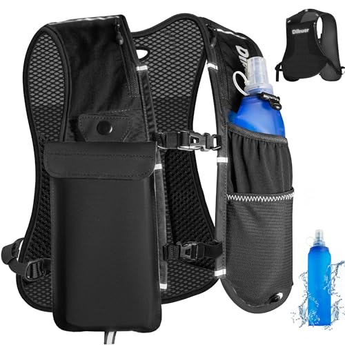 Running Vest for Women Men, Lightweight Hydration Runner Vest with Transparent Waterproof Phone Pocket, 17oz Soft Flask, Adjustable Chest Straps Reflective Backpack for Hiking Cycling Jogging - style: Black