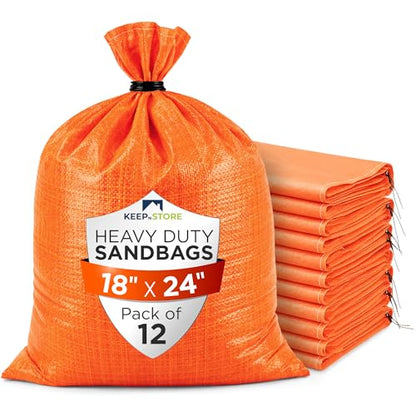 Heavy Duty Sand Bags Pack of 12, Bright Orange Empty Sandbags with Built-In Ties, Woven Polypropylene UV Protection 1600 Hours, Fillable Bags for Flood Control, Weight, 18x24 inches, 60 Pounds Volume - size: 18"W x 24"L, style: Pack of 12