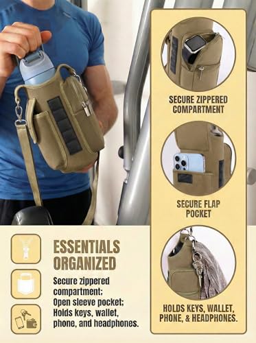 Magnetic Gym Tote,18-40oz Water Bottle Bag Holder,Neoprene Case Pouch with Phone Pocket,Men Women Workout Accessories - color: Khaki Brown